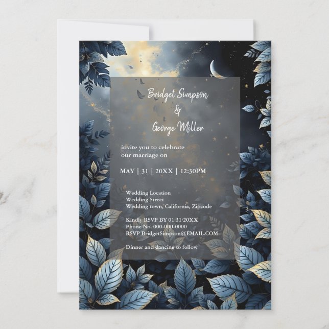 Elegant Midnight Blue and Gold Forest Wedding  Invitation (Front)