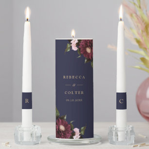 Elegant Midnight Blue Burgundy Floral Wedding Unity Candle Set