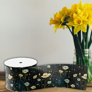 Elegant Midnight Blue Celestial Floral  Grosgrain Ribbon