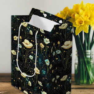 Elegant Midnight Blue Celestial Floral Medium Gift Bag