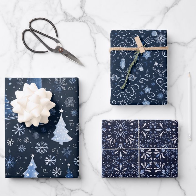 Elegant Midnight Blue Christmas Images Wrapping Paper Sheets (Front)