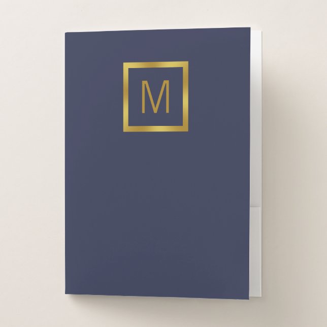 Elegant Midnight Blue & Faux Gold Monogrammed Pocket Folder (Front)