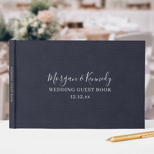 Elegant Midnight Blue Faux Leather Look Wedding Guest Book