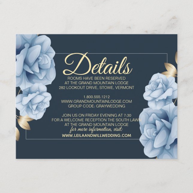 Elegant Midnight blue floral Wedding Enclosure Card (Front)