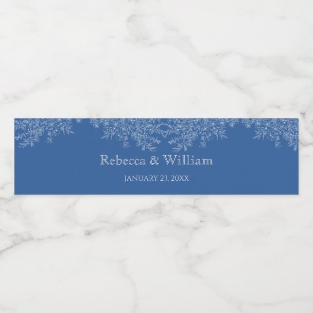 Elegant Midnight Blue Floral Wedding Water Bottle Label (Single Label)