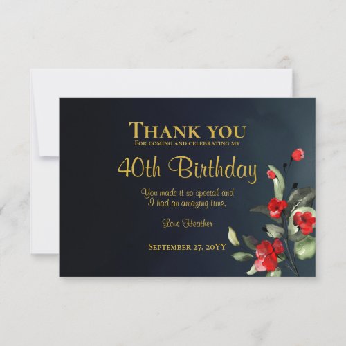 Elegant Midnight Blue Gold Floral 40th Birthday Thank You Card