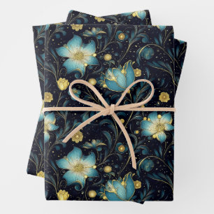 Elegant Midnight Blue & Gold Floral Christmas Wrapping Paper Sheets