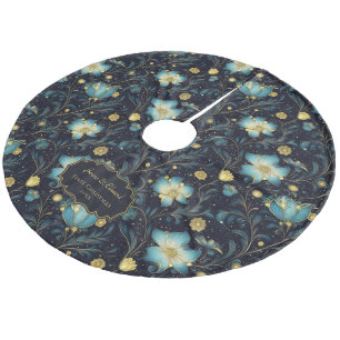 Elegant Midnight Blue & Gold Floral Personalized Fleece Tree Skirt