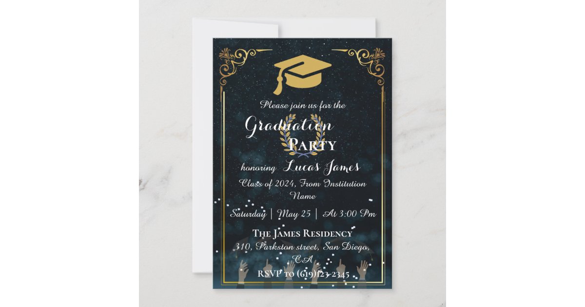 Elegant Midnight Blue & Gold Graduation Invitation | Zazzle