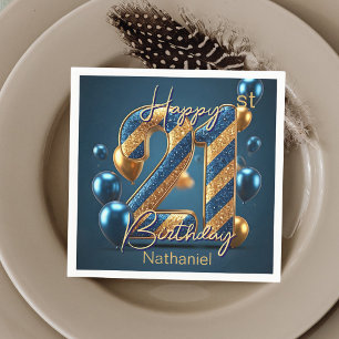 Elegant Midnight Blue & Gold Striped 21st Birthday Napkins