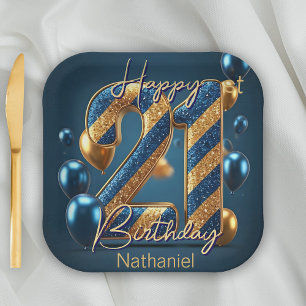 Elegant Midnight Blue & Gold Striped 21st Birthday Paper Plates