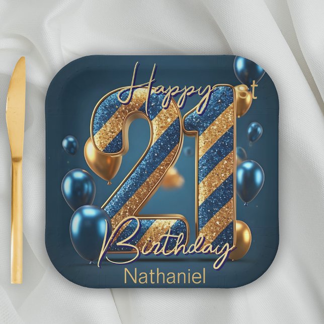 Elegant Midnight Blue & Gold Striped 21st Birthday Paper Plates (Creator Uploaded)