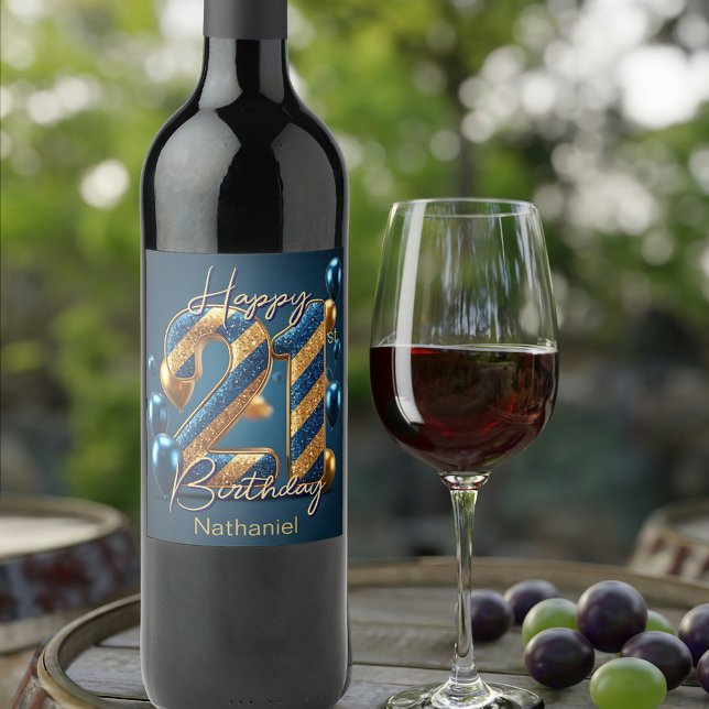 Elegant Midnight Blue & Gold Striped 21st Birthday Wine Label (Creator Uploaded)