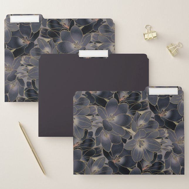 Elegant Midnight Blue & Gray Floral Pattern File Folder (Set)