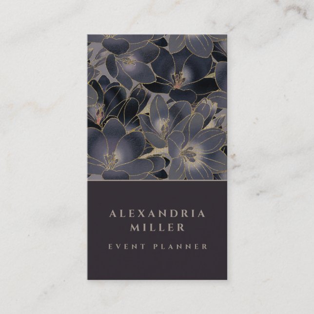 Elegant Midnight Blue & Gray Floral Vertical Business Card (Front)