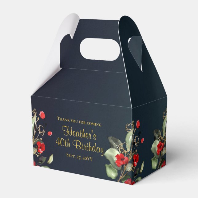 Elegant Midnight Blue Red Floral Birthday Favor Boxes (Front Side)