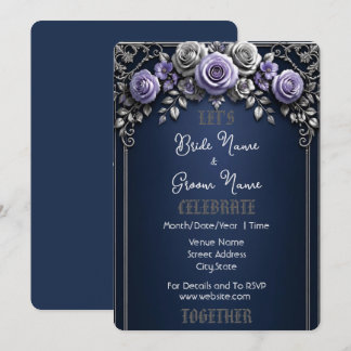 Elegant Midnight Blue Silver Rose Invitation