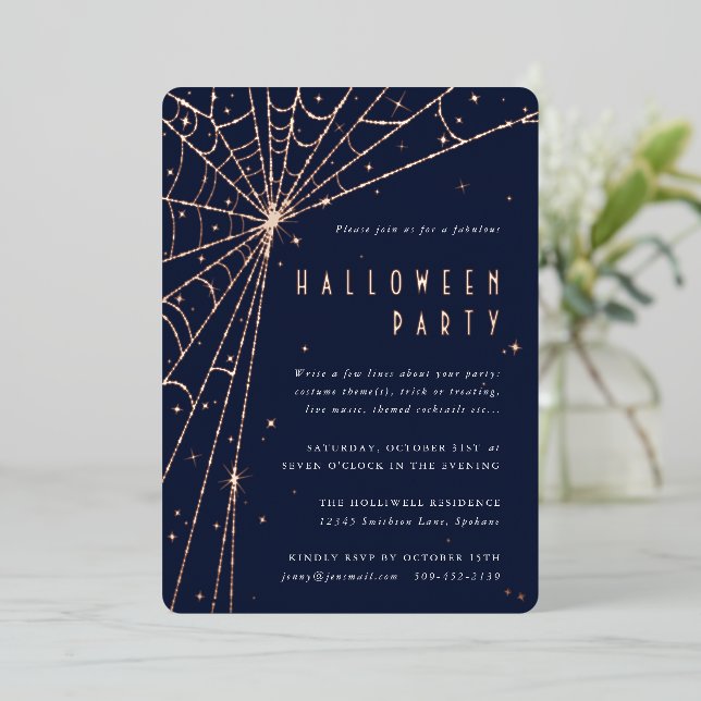 Elegant Midnight Blue Spider Web Halloween Party Foil Invitation (Standing Front)