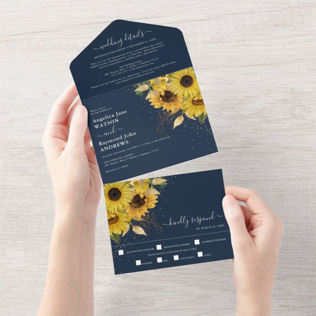 Elegant Midnight Sunflower Navy Wedding All In One Invitation (Tearaway)