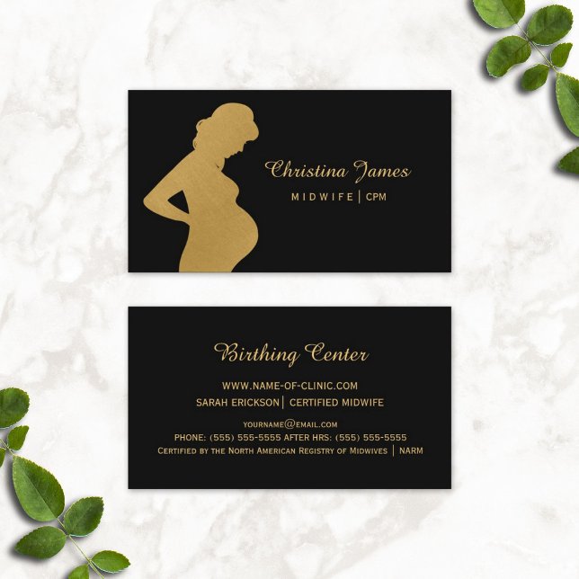 Elegant Midwife Black and Faux Gold Pregnant Woman Business Card (Elegant Midwife Black and Faux Gold Pregnant Woman Business Cards)