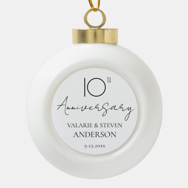 Elegant Minimal 10th Anniversary Wedding  Ceramic Ball Christmas Ornament (Front)