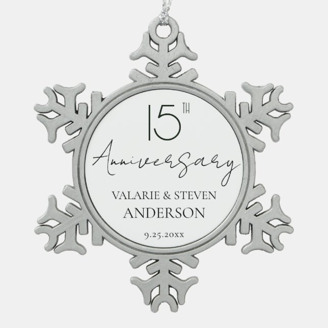 Elegant Minimal 15th Anniversary Wedding  Ceramic Snowflake Pewter Christmas Ornament (Front)