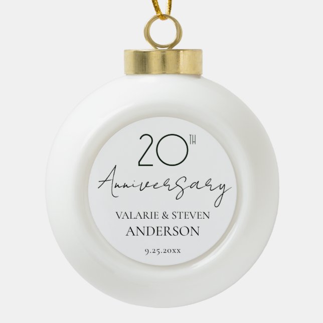 Elegant Minimal 20th Anniversary Wedding  Ceramic Ceramic Ball Christmas Ornament (Front)