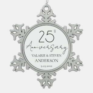 Elegant Minimal 25th Anniversary Wedding  Ceramic Snowflake Pewter Christmas Ornament