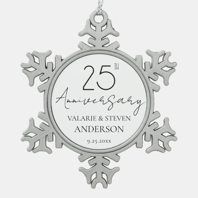 Elegant Minimal 25th Anniversary Wedding  Ceramic Snowflake Pewter Christmas Ornament (Front)