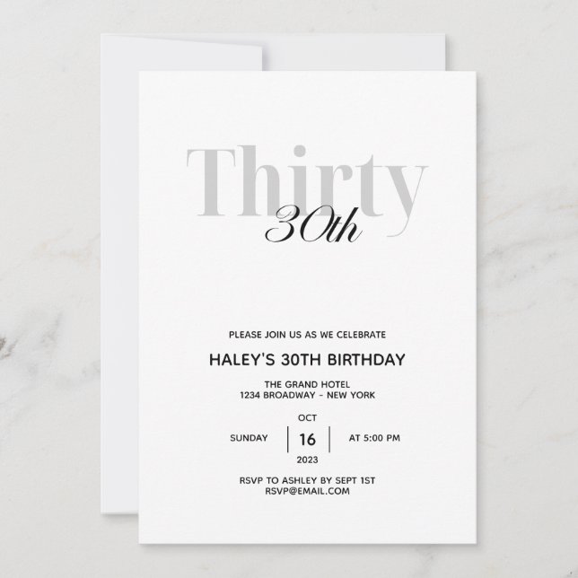 Elegant Minimal 30th Birthday Party Invitation (Front)