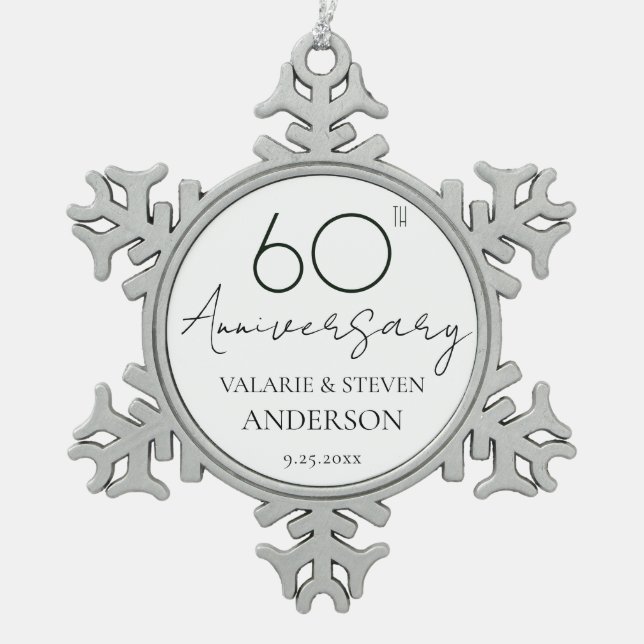Elegant Minimal 60th Anniversary Wedding Snowflake Pewter Christmas Ornament (Front)