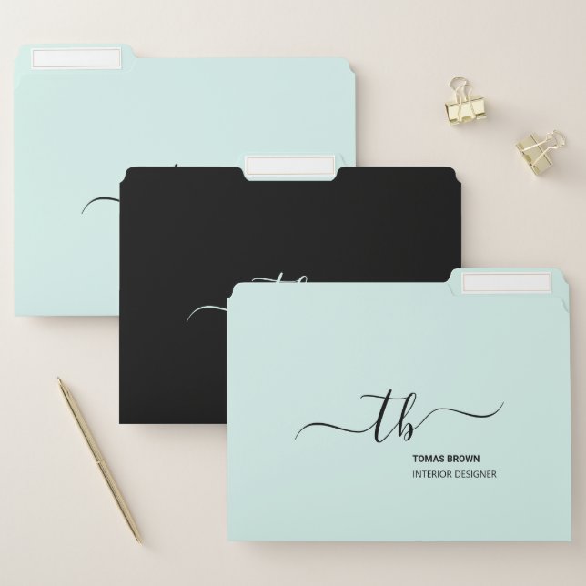 Elegant minimal aqua black monogram initials busin file folder (Set)