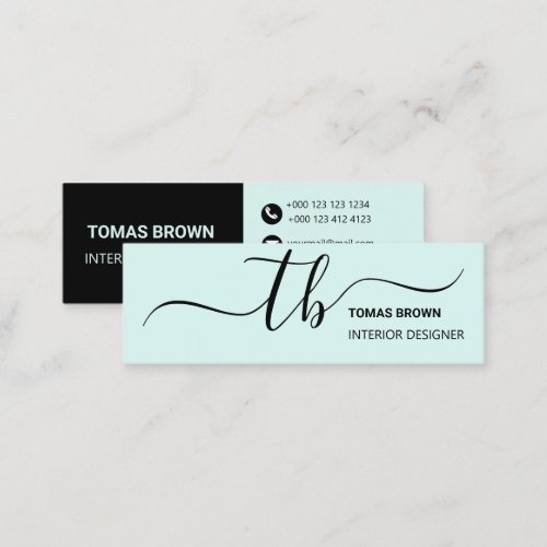 Elegant minimal aqua black monogram initials mini business card