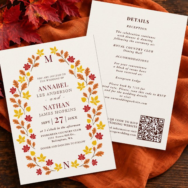 Elegant Minimal Autumn Leaf Frame QR Code Invitation (Creator Uploaded)