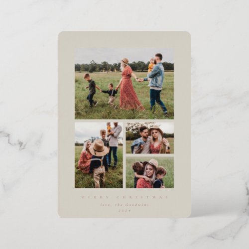 Elegant Minimal Beige Frame 4 Photo Foil Holiday Card