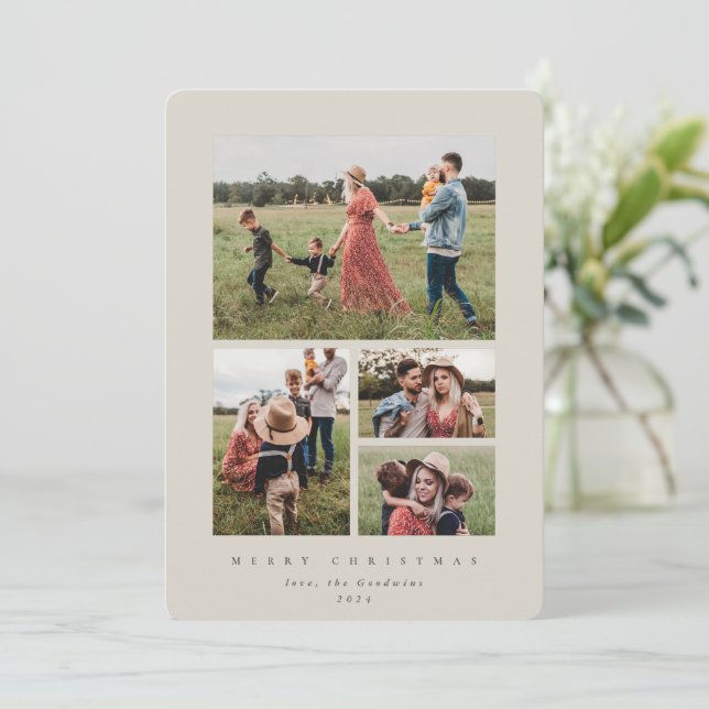 Elegant Minimal Beige Frame 4 Photo Holiday Card (Standing Front)