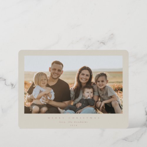 Elegant Minimal Beige Frame Single Photo Foil Holiday Card