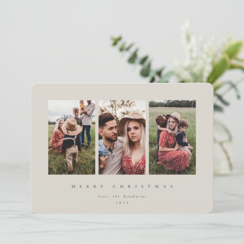 Elegant Minimal Beige Frame Triple Photo Holiday Card