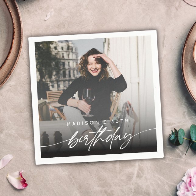 Elegant Minimal Birthday Party Photo Modern Script Napkins (Creator Uploaded)