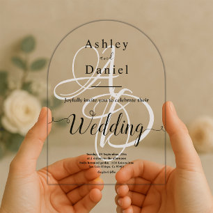 Elegant Minimal Black And White Monogram Wedding Acrylic Invitations