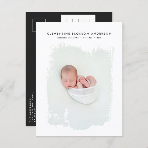 Elegant minimal black and white photo birth announcement postcard