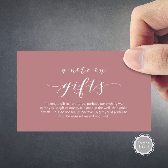 Elegant Minimal, Black font, A note on gifts Enclosure Card (Elegant Minimal script, A note on gifts Enclosure Card, in Dusty Rose Retro Pink themed.)