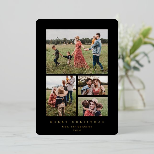 Elegant Minimal Black Frame 4 Photo Foil Holiday Card (Standing Front)