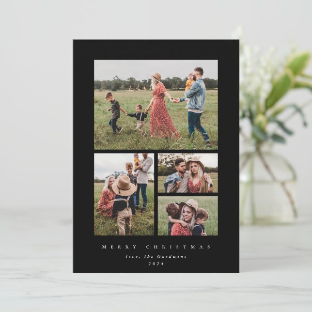 Elegant Minimal Black Frame 4 Photo Holiday Card (Standing Front)