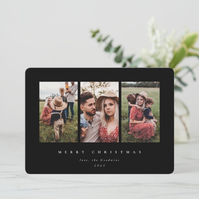 Elegant Minimal Black Frame Triple Photo Holiday Card (Standing Front)