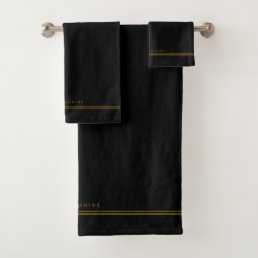 Elegant Minimal Black Gold Line Name Bath Towel Set