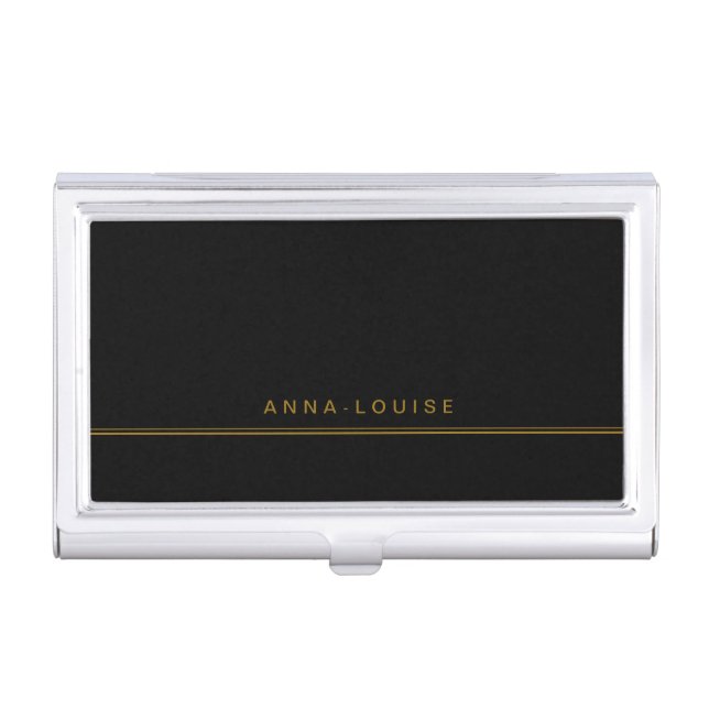 Elegant Minimal Black Gold Line Name Business Card Case (Front)