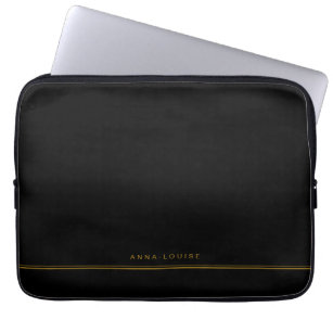 Elegant Minimal Black Gold Line Name  Laptop Sleeve