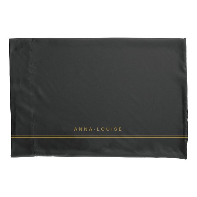 Elegant Minimal Black Gold Line Name Pillow Case (Front)