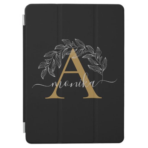 Elegant Minimal Black Gold Monogram Name Floral iPad Air Cover